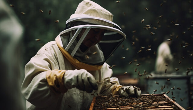 Beekeeper in protective workwear tends to colony generated by AI